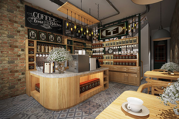 Quầy bar chữ L nhỏ nhắn dùng trong quán cafe