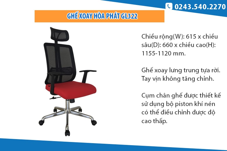Ghế xoay lưới có tựa đầu Hòa Phát GL322 Ghế xoay lưới có tựa đầu Hòa Phát GL322