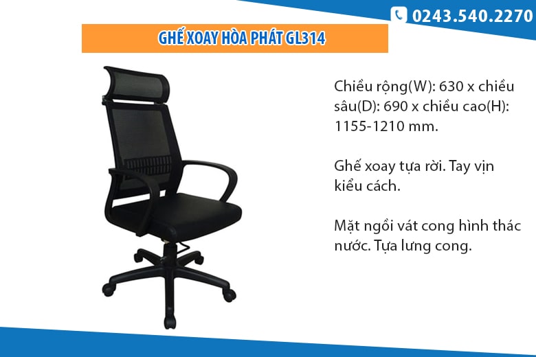 Ghế xoay lưới có tựa đầu Hòa Phát GL314 Ghế xoay lưới có tựa đầu Hòa Phát GL314