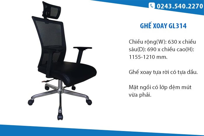 Ghế xoay lưới có tựa đầu, khung nhựa Hòa Phát GL314 Ghế xoay lưới có tựa đầu, khung nhựa Hòa Phát GL314