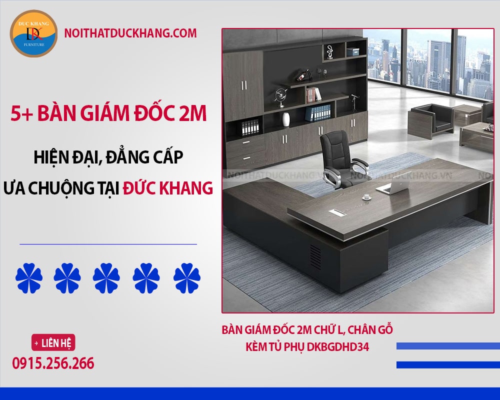 Bàn giám đốc 2m chữ L, chân gỗ kèm tủ phụ DKBGDHD34 Bàn giám đốc 2m chữ L, chân gỗ kèm tủ phụ DKBGDHD34