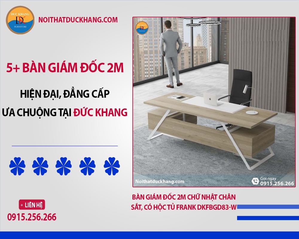 Bàn giám đốc 2m chữ nhật chân sắt, có hộc tủ Frank DKFBGD83-W Bàn giám đốc 2m chữ nhật chân sắt, có hộc tủ Frank DKFBGD83-W
