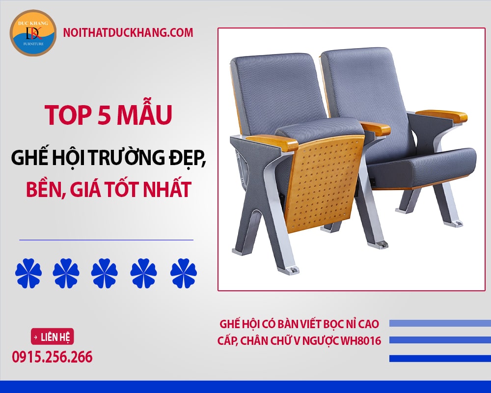 Ghế hội có bàn viết bọc nỉ cao cấp, chân chữ V ngược WH8016