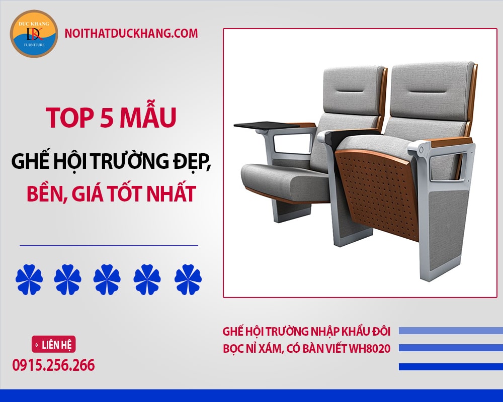 Ghế hội trường nhập khẩu đôi bọc nỉ xám, có bàn viết WH8020