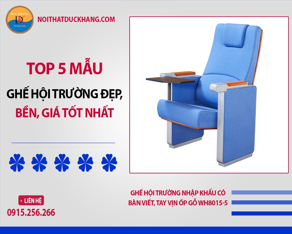 Ghế hội trường nhập khẩu có bàn viết, tay vịn ốp gỗ WH8015-5