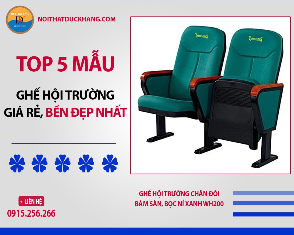 Ghế hội trường chân đôi bám sàn, bọc nỉ xanh WH200 Ghế hội trường chân đôi bám sàn, bọc nỉ xanh WH200
